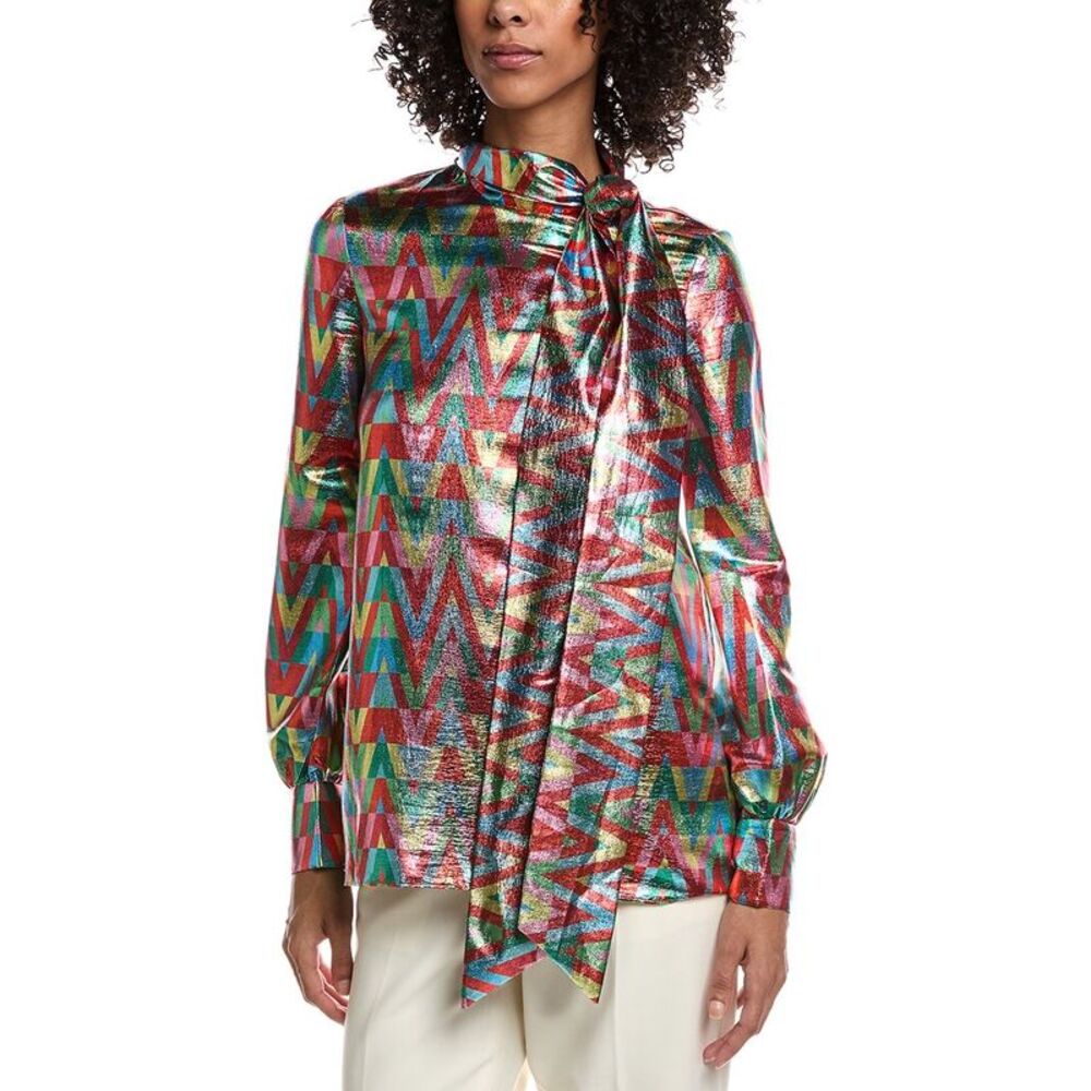 Valentino Womens Metallic Logo Silk-Blend Shirt, Red